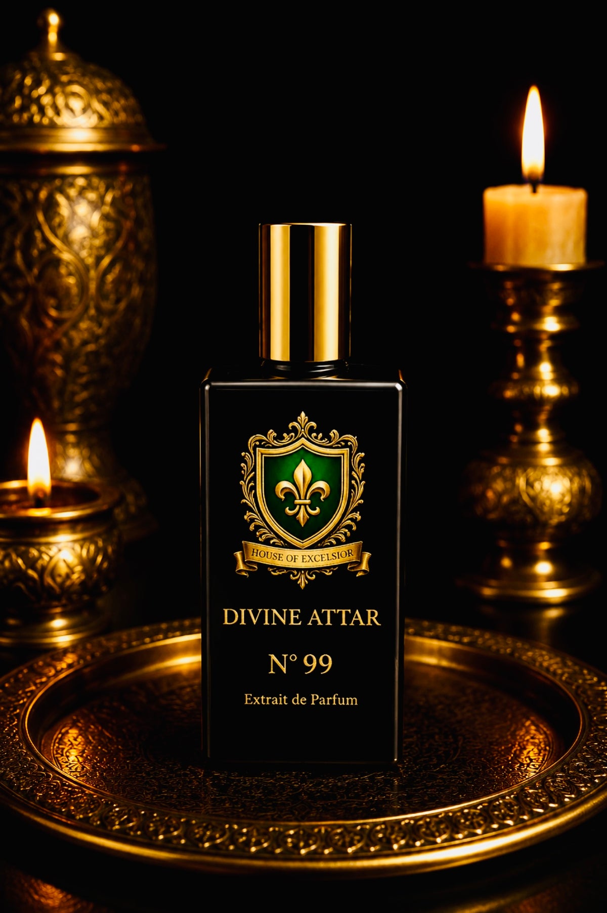 Perfume bottle labeled Divine Attar N° 99 on a reflective surface with candles in the background