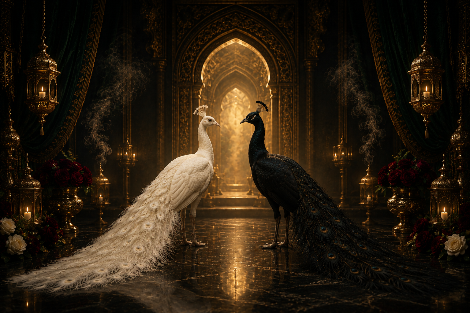 The white and black peacocks together in the sanctuary