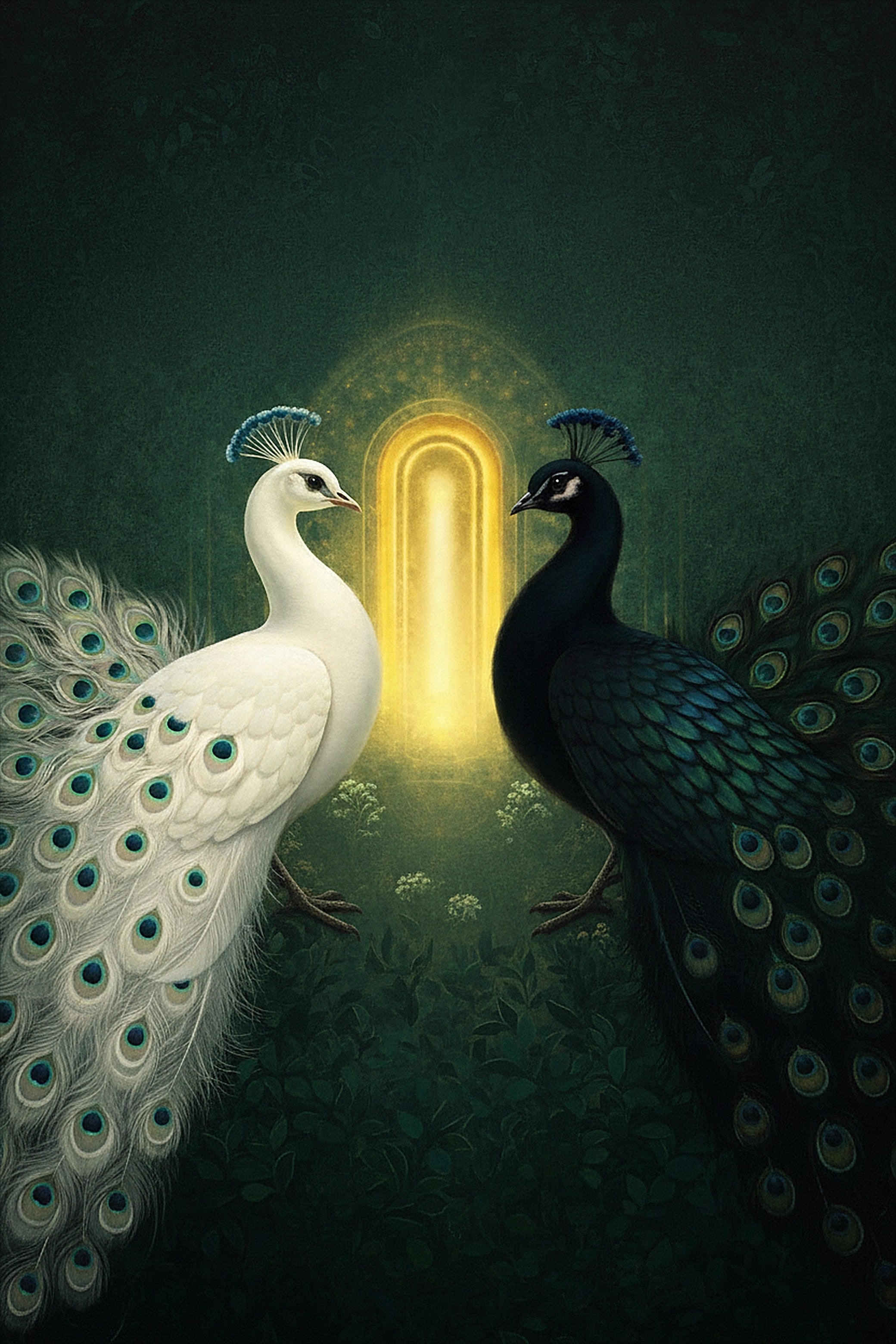 The Twin Peacocks, white and black, before the golden gate of return